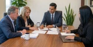 Attorney Max Alavi reviewing trust accounting documents with clients