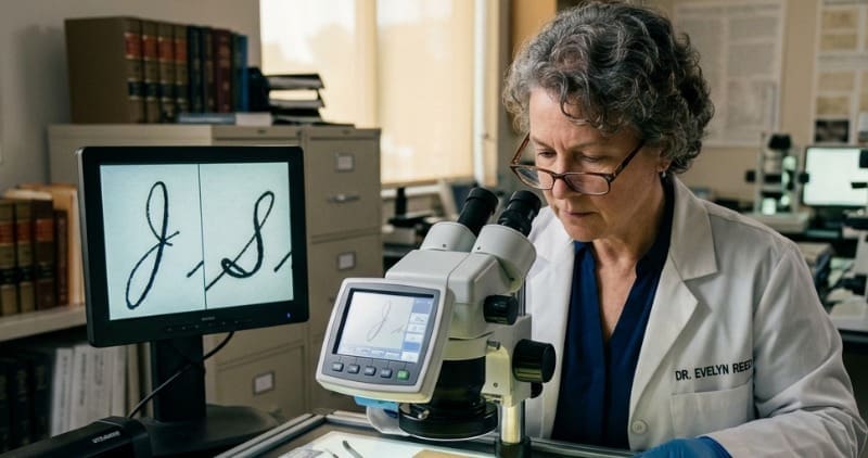 Forensics technician evaluating a signature on a will, under a microscope, looking for forgery.