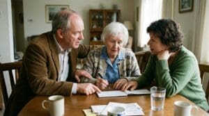 Two siblings coaxing their elder mother into signing a check